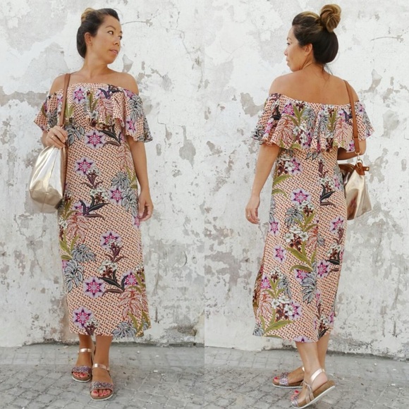 Zara Off The Shoulder Ruffle Top Floral Printed Midi Slip Dress Multi Color XS - Picture 2 of 9